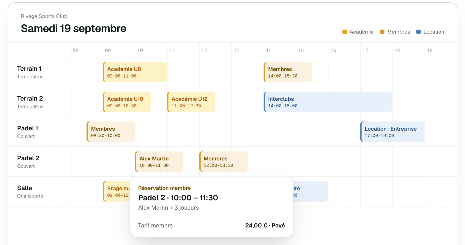 Planning de réservation des terrains