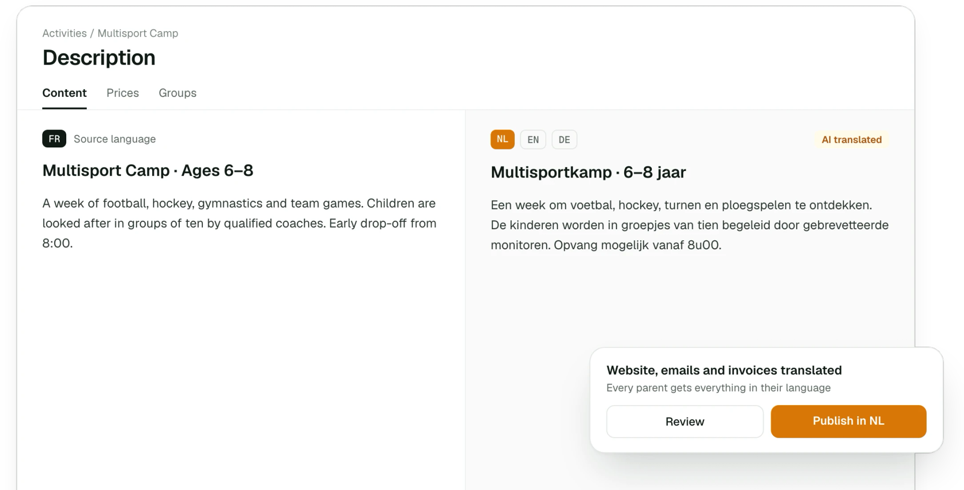 An activity description translated automatically into Dutch and English