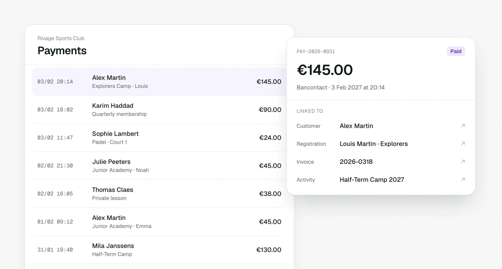 A payment linked to its customer and invoice