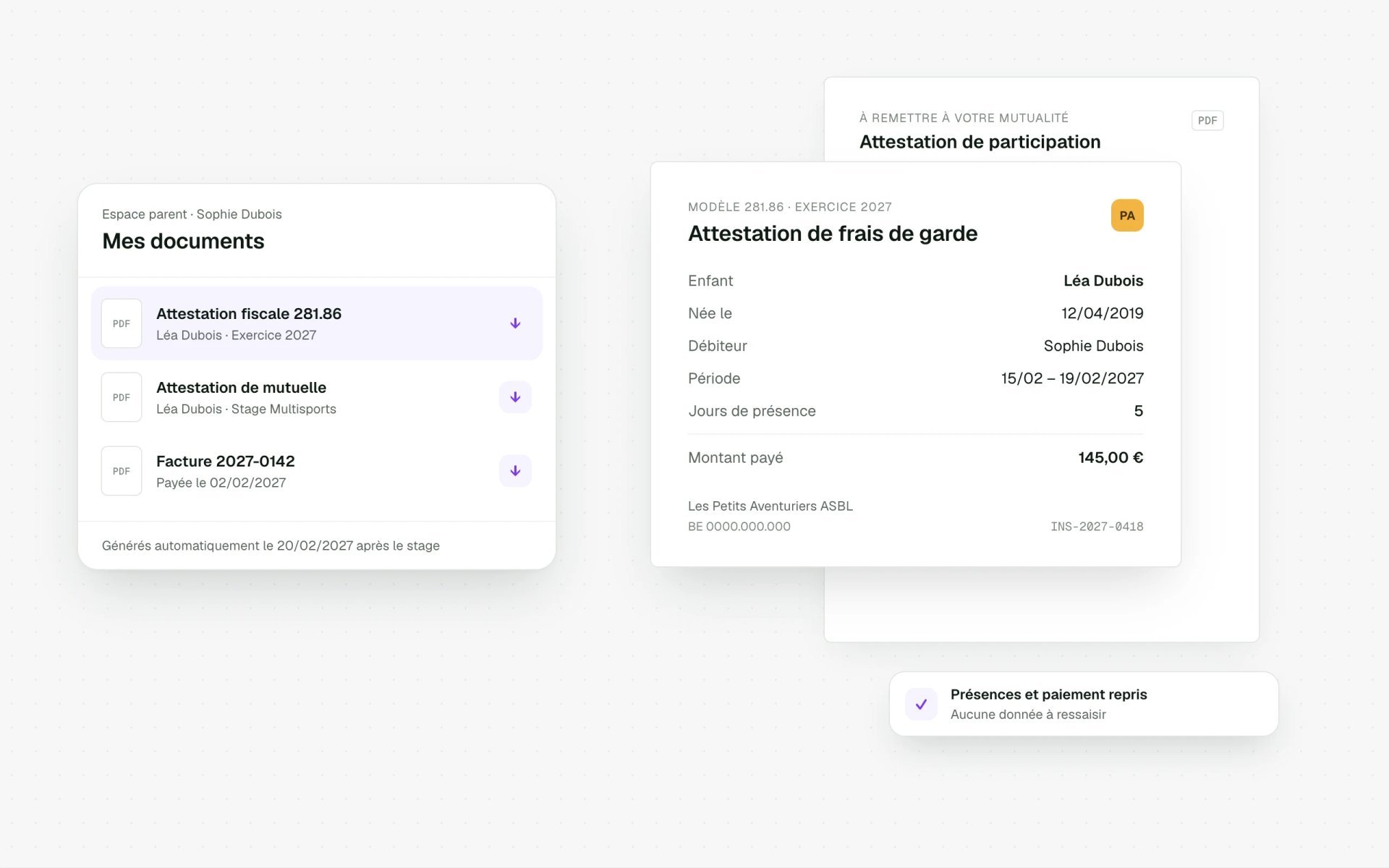 Attestations générées pour les parents