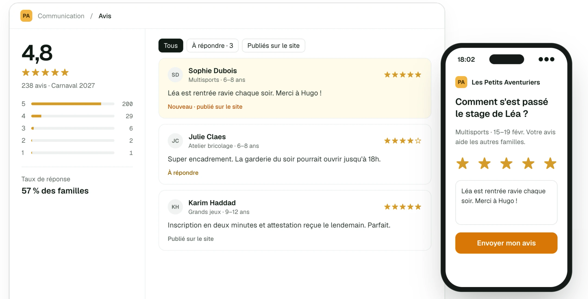 Avis des familles avec note moyenne, réponses et demande d’avis sur le téléphone d’un parent