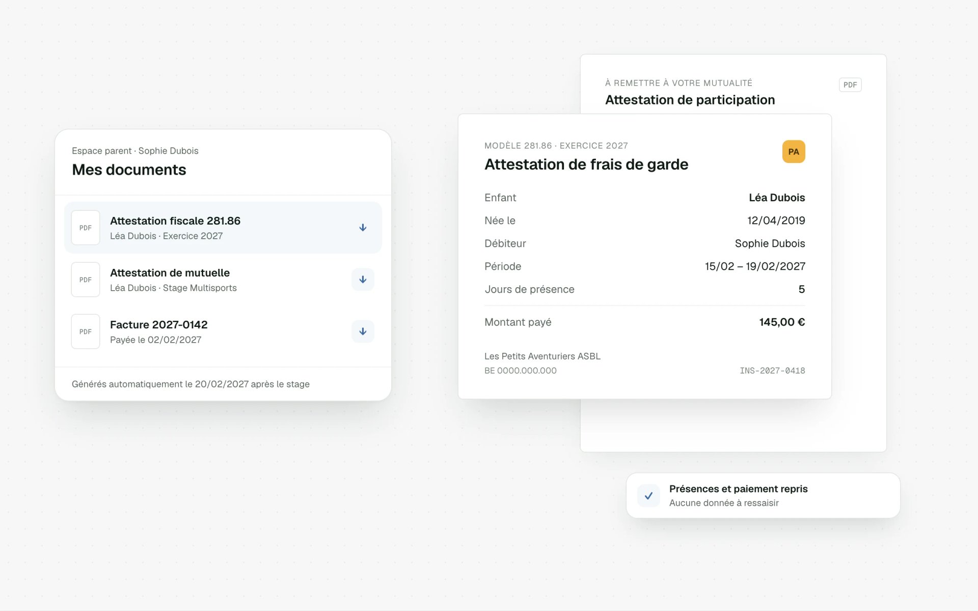 Attestations générées pour les parents