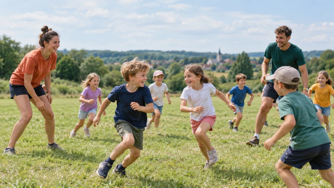 Des animateurs et des enfants jouent sur une plaine en été