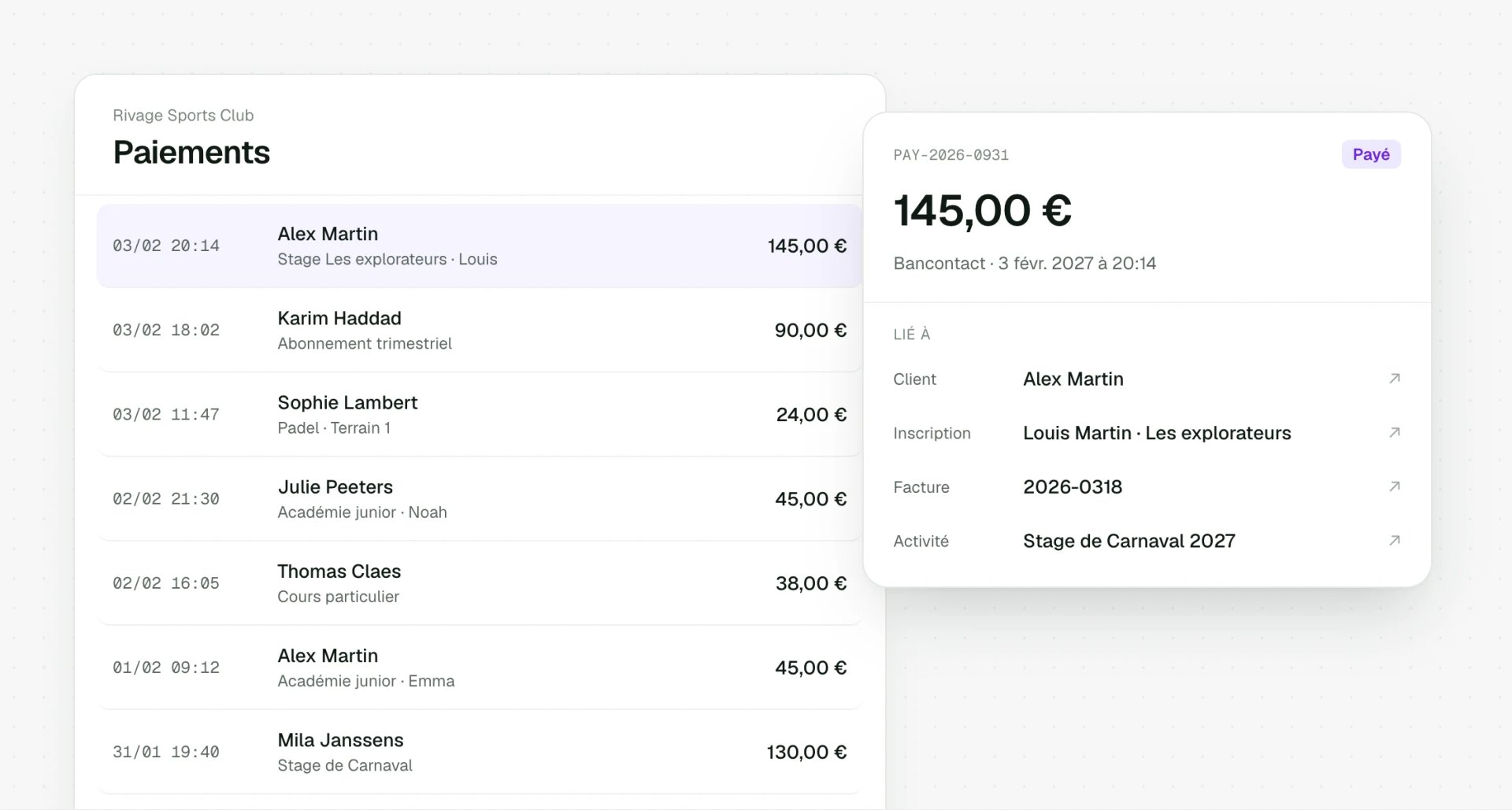 Paiement relié à son client et à sa facture