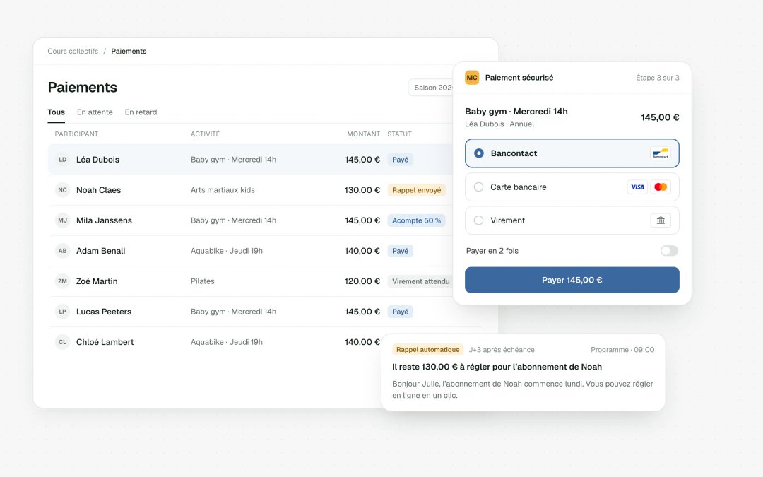 Online payment by Bancontact / Wero, Apple Pay · Google Pay, card or bank transfer, linked to the membership