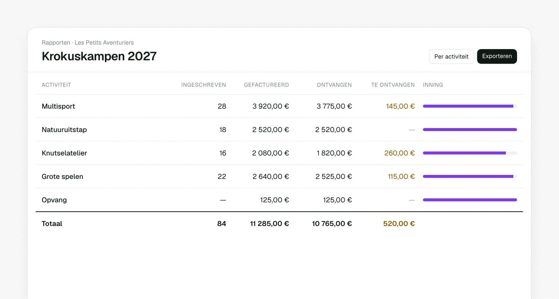 Financieel rapport per activiteit