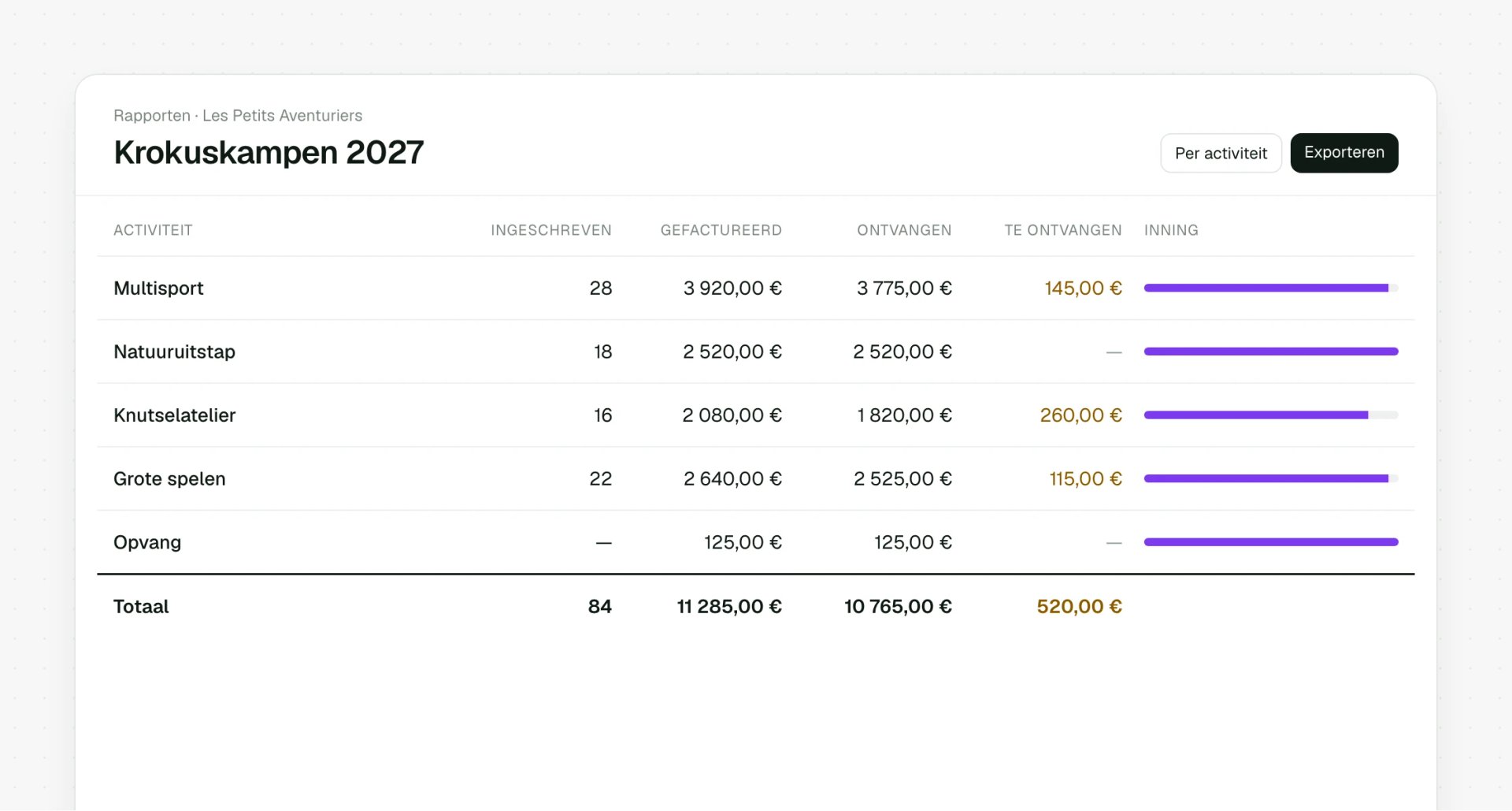 Financieel rapport per activiteit