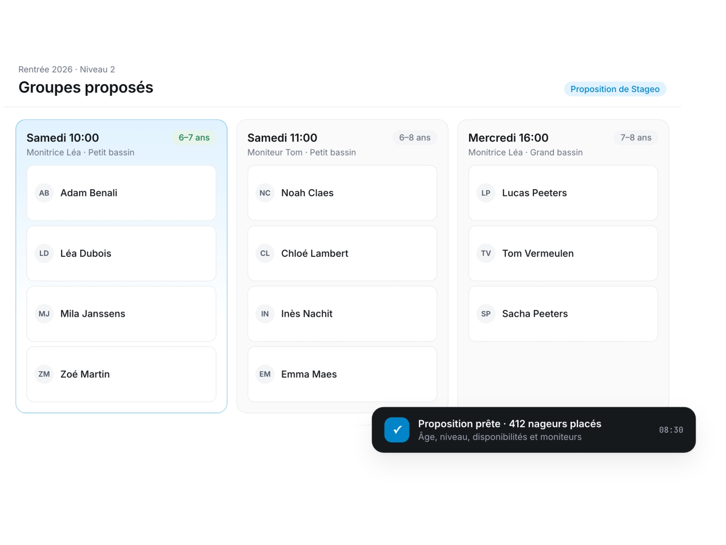 New-term sign-ups sorted into groups by Stageo