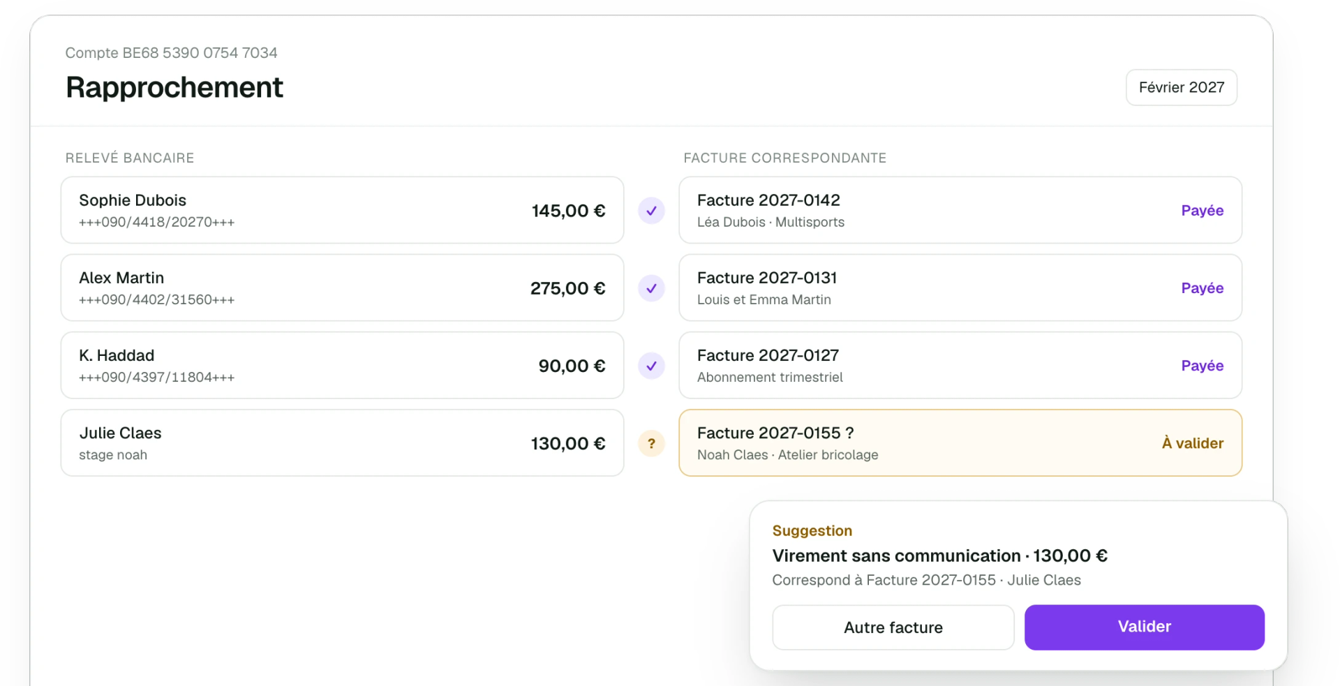 Virements bancaires rapprochés de leurs factures