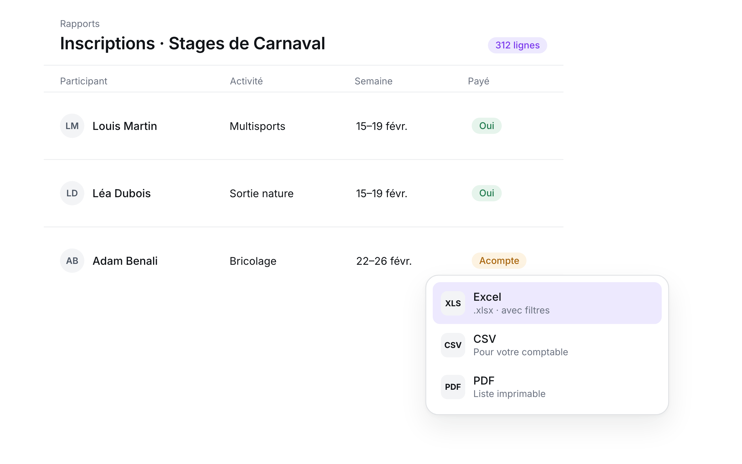 Lists and figures exported to Excel, CSV or PDF
