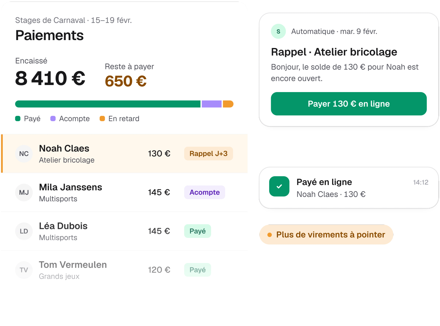 Camp payments with an automatic reminder and online payment