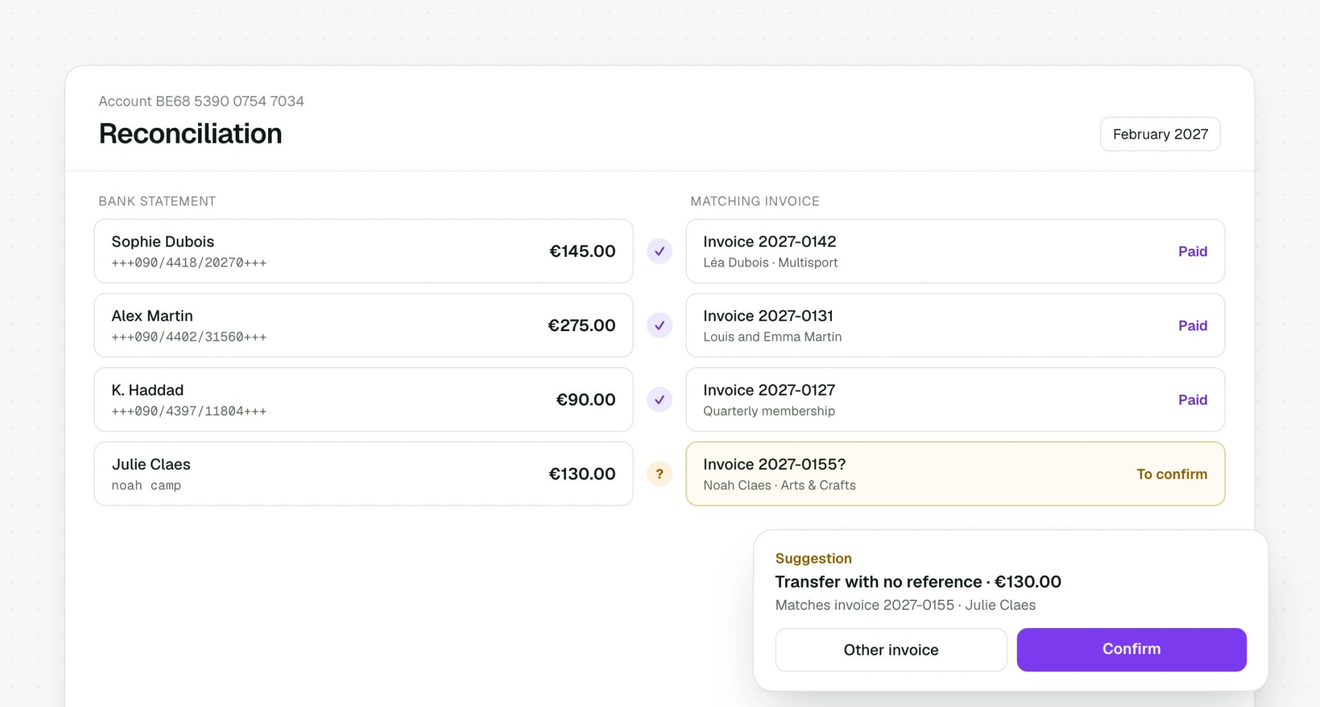 Bank transfer reconciliation