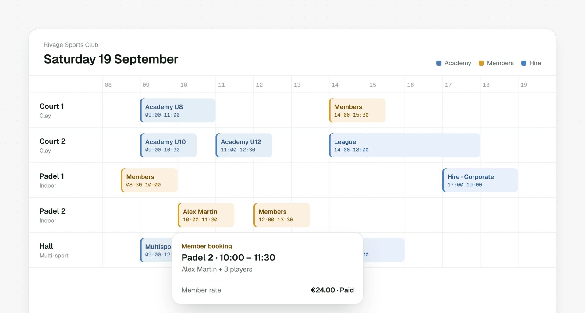 Court booking timetable