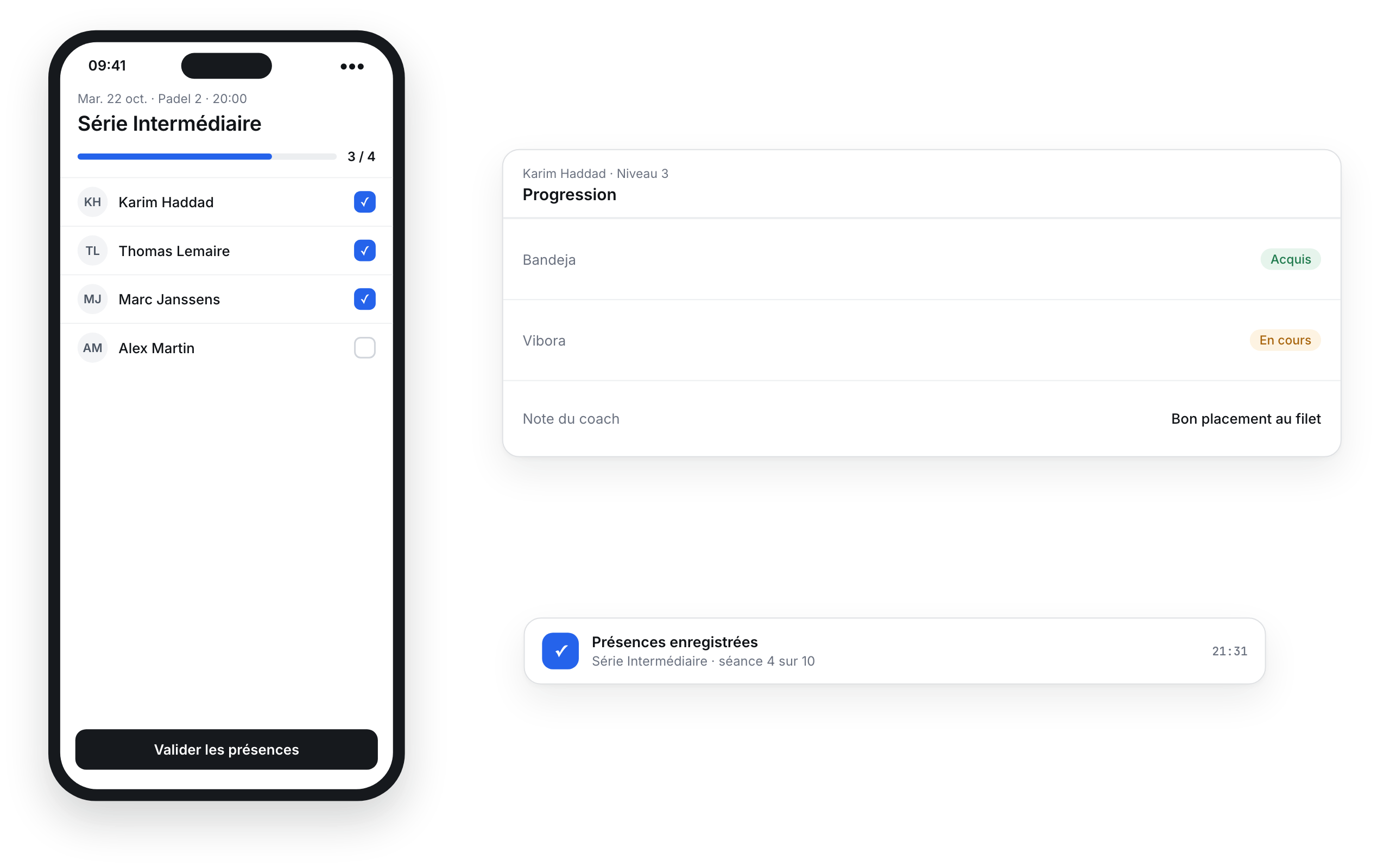 Aanwezigheden en vooruitgang in de app van de coach