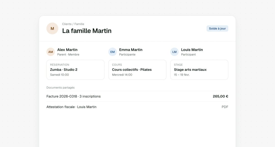Compte famille avec un parent abonné et deux enfants inscrits à un cours et à un stage