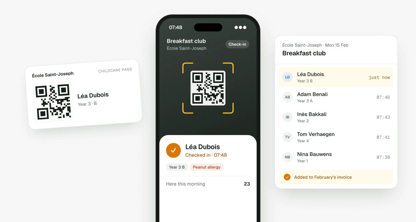 Childcare QR scanner: Léa's arrival logged and added to the monthly invoice