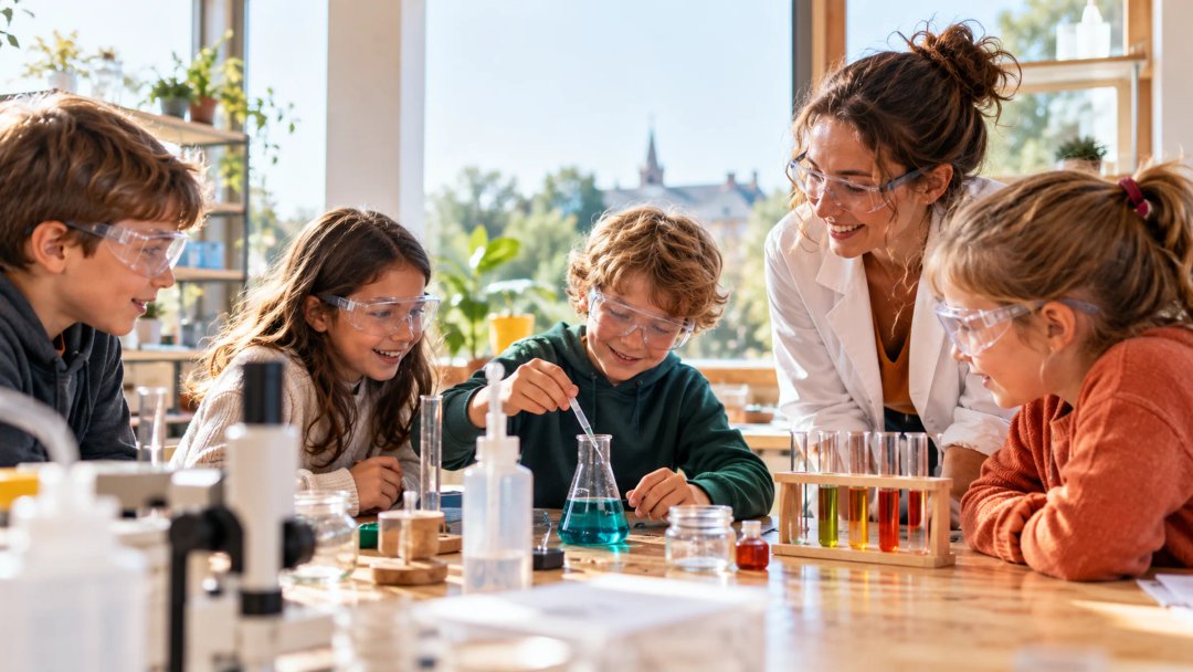 Des enfants en lunettes de protection font une expérience de chimie avec une animatrice