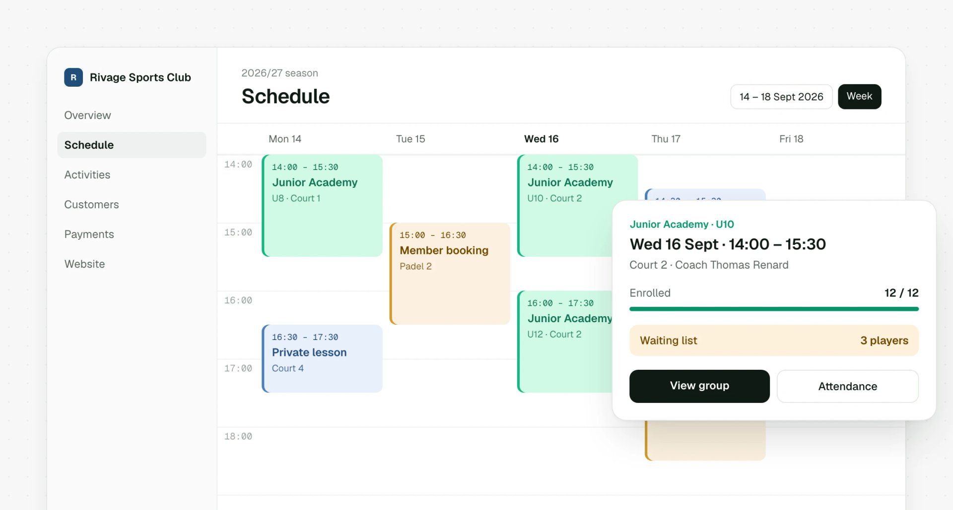 Weekly class timetable