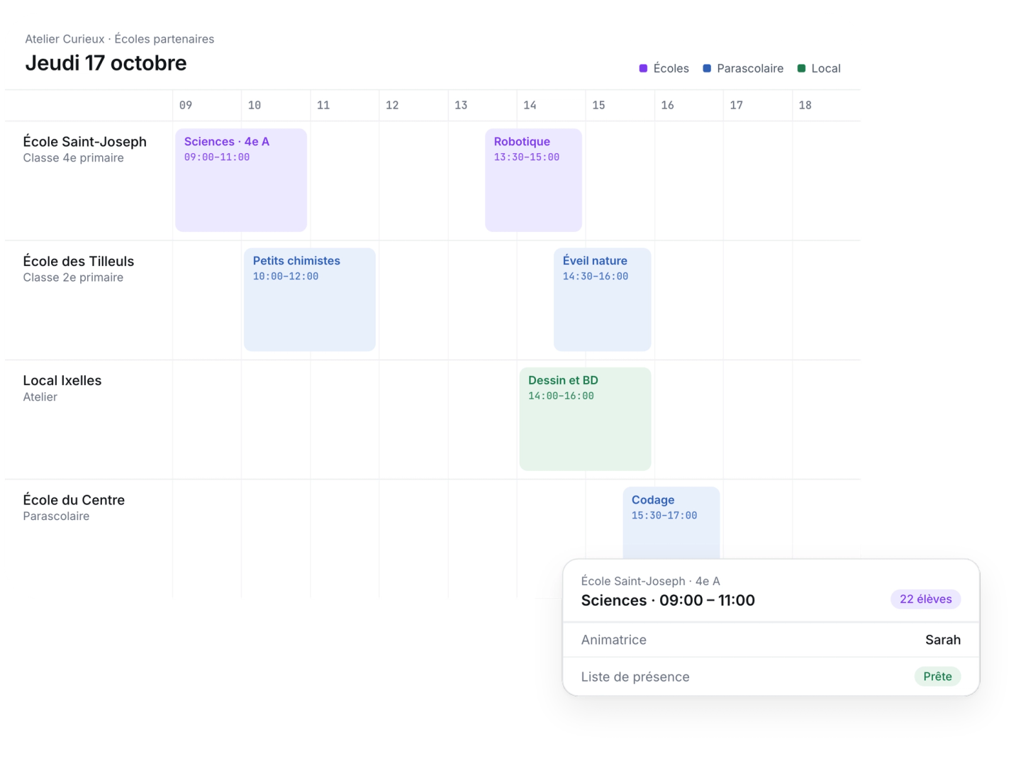 Workshop schedule across several schools