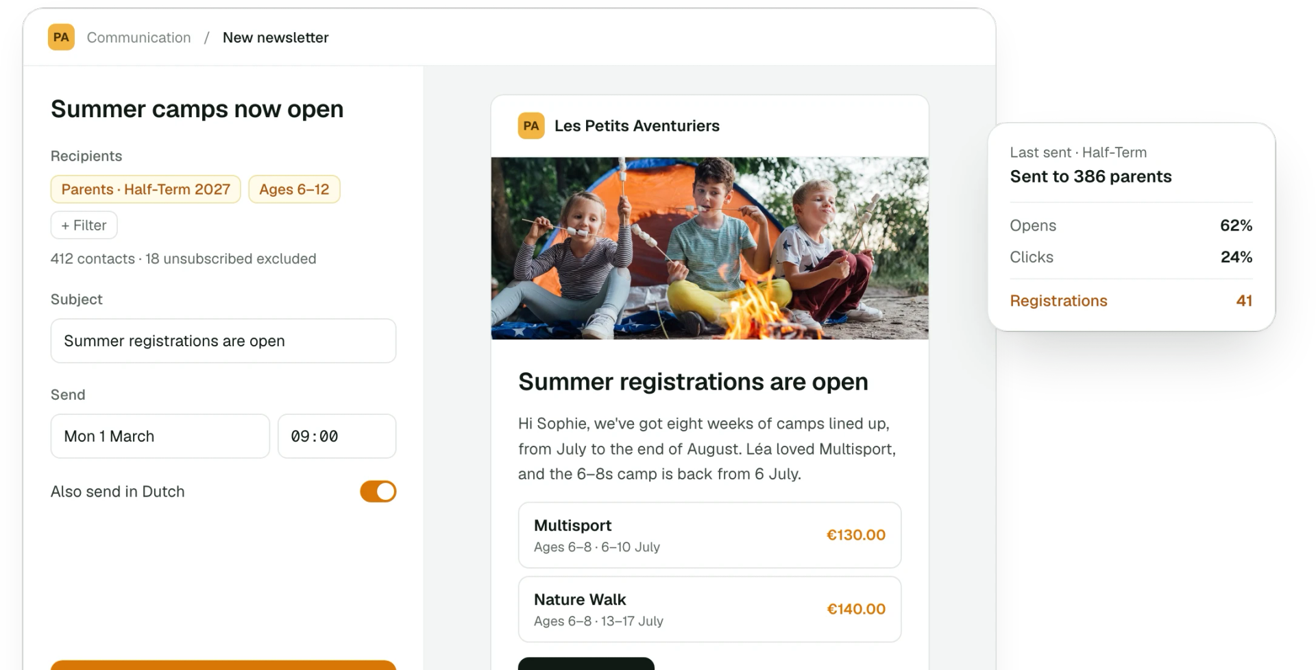 Writing a newsletter to the parents of a holiday camp, with open rates alongside