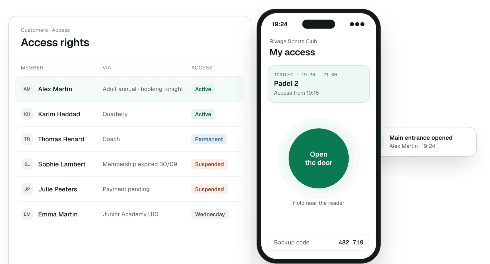 Member access rights and unlocking from a phone