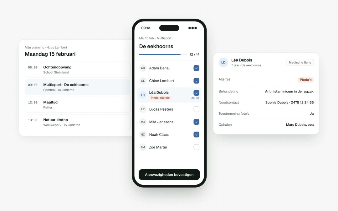 Aanwezigheden en medische fiche op de smartphone van de monitor