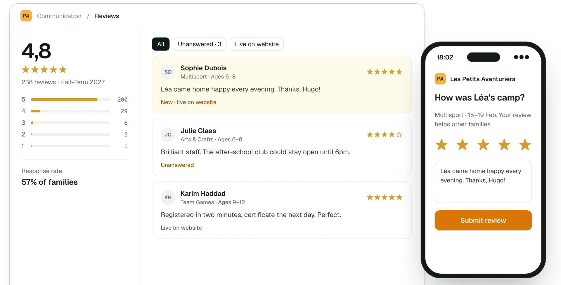 Family reviews with an average rating, replies and a review request on a parent's phone
