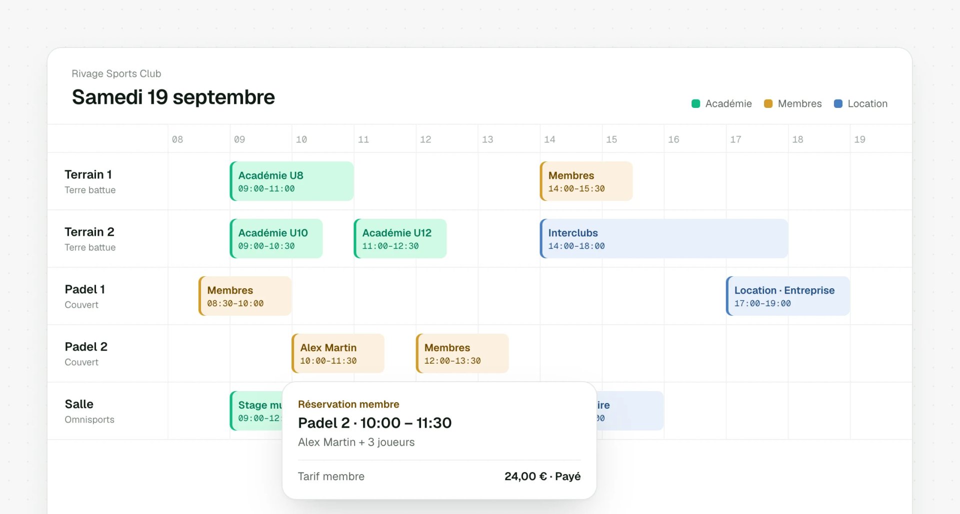 Planning de réservation des terrains
