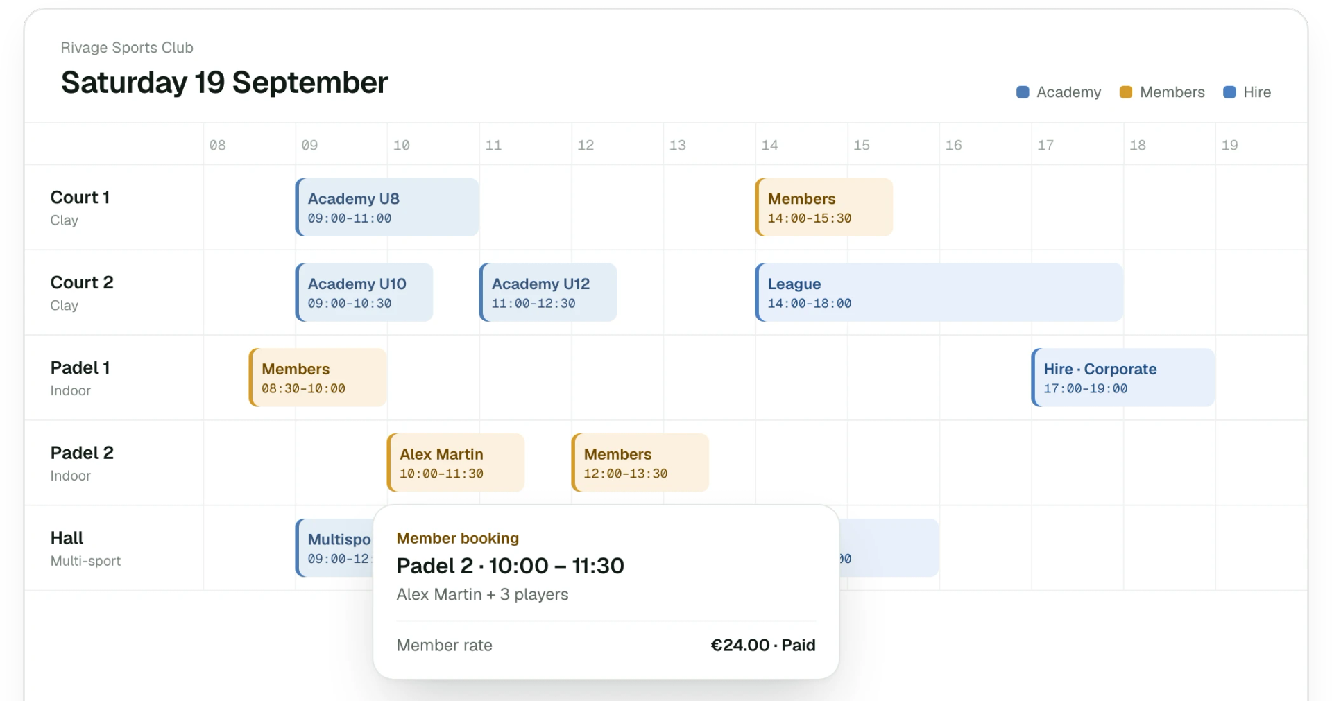 Court booking timetable