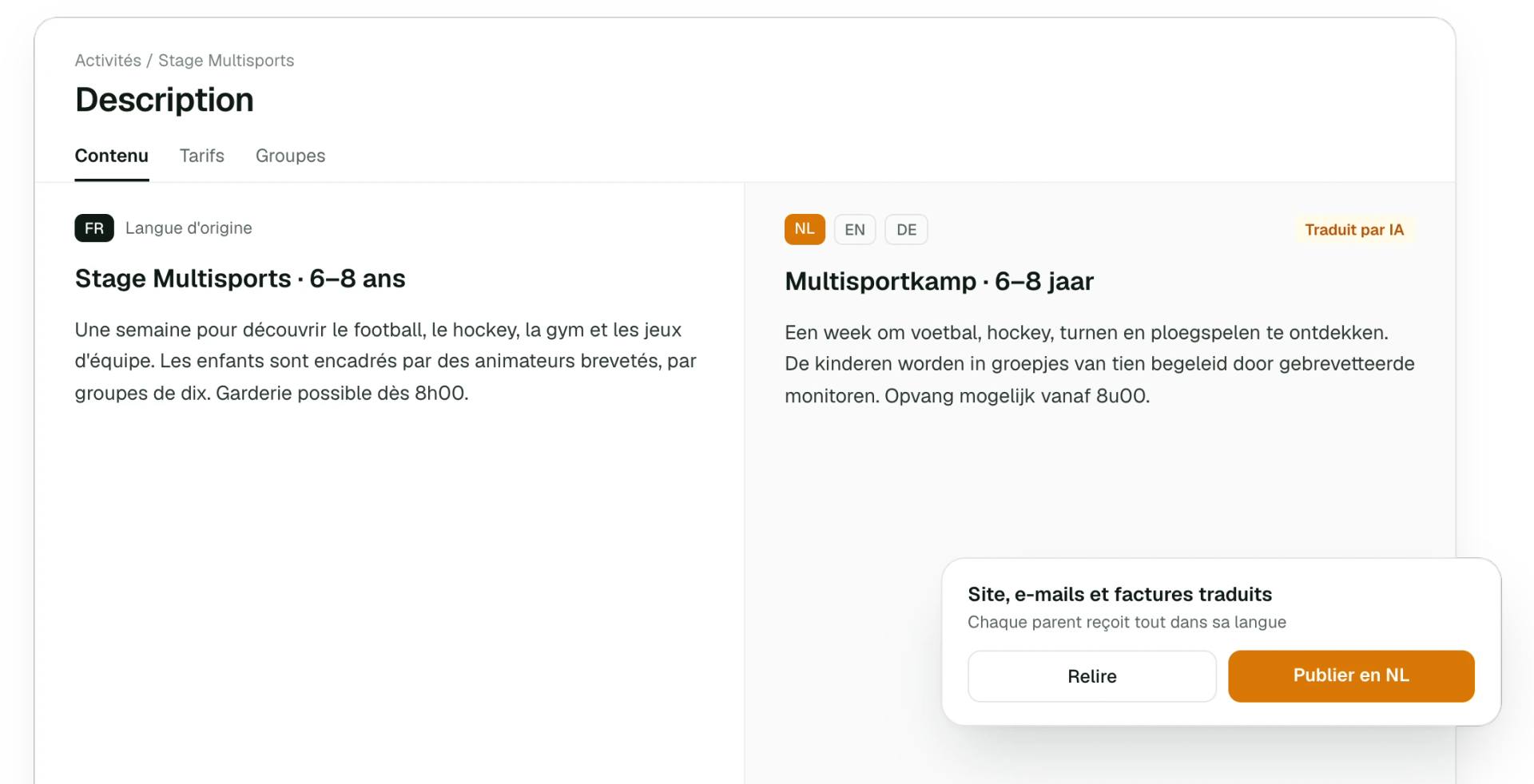 Description d’une activité traduite automatiquement en néerlandais et en anglais