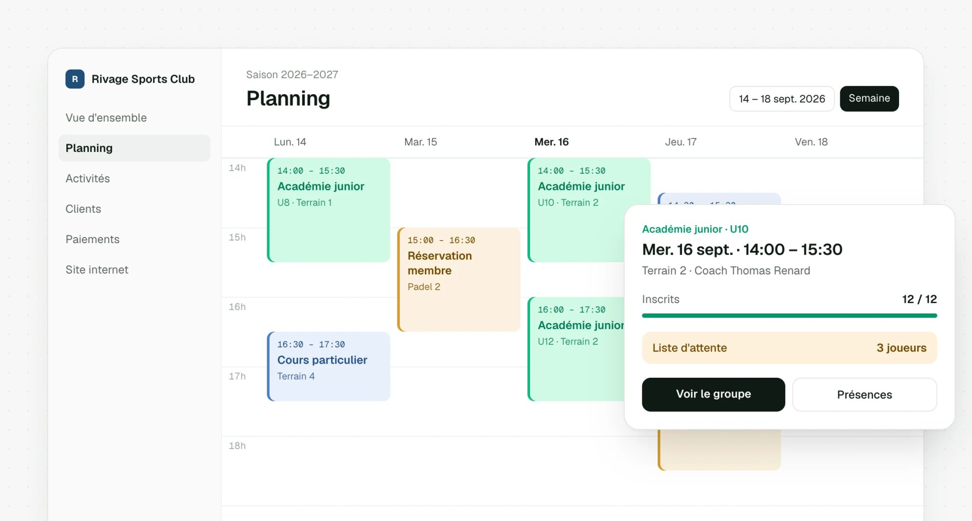 Planning des cours de la semaine