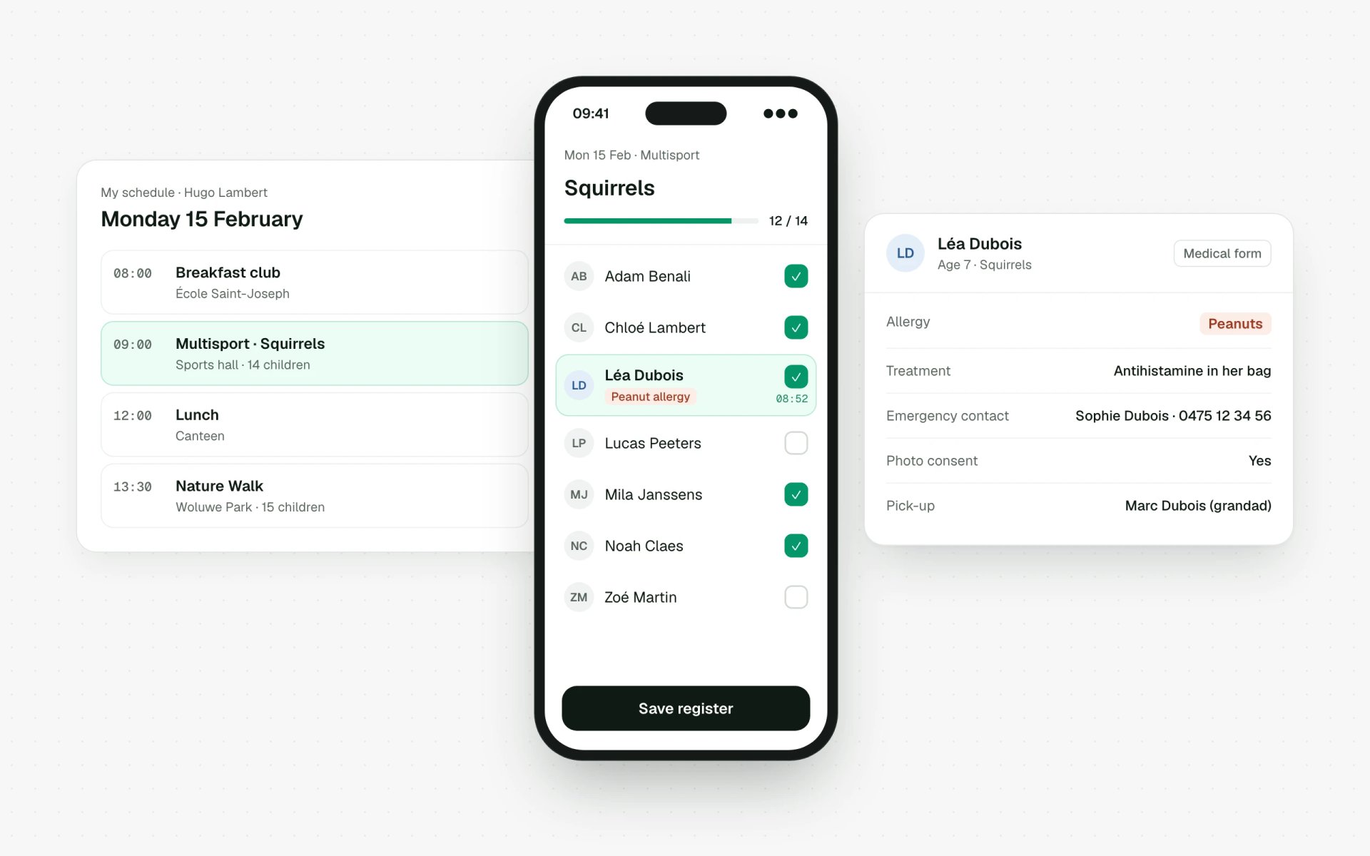 Groups and registers on a coach's phone