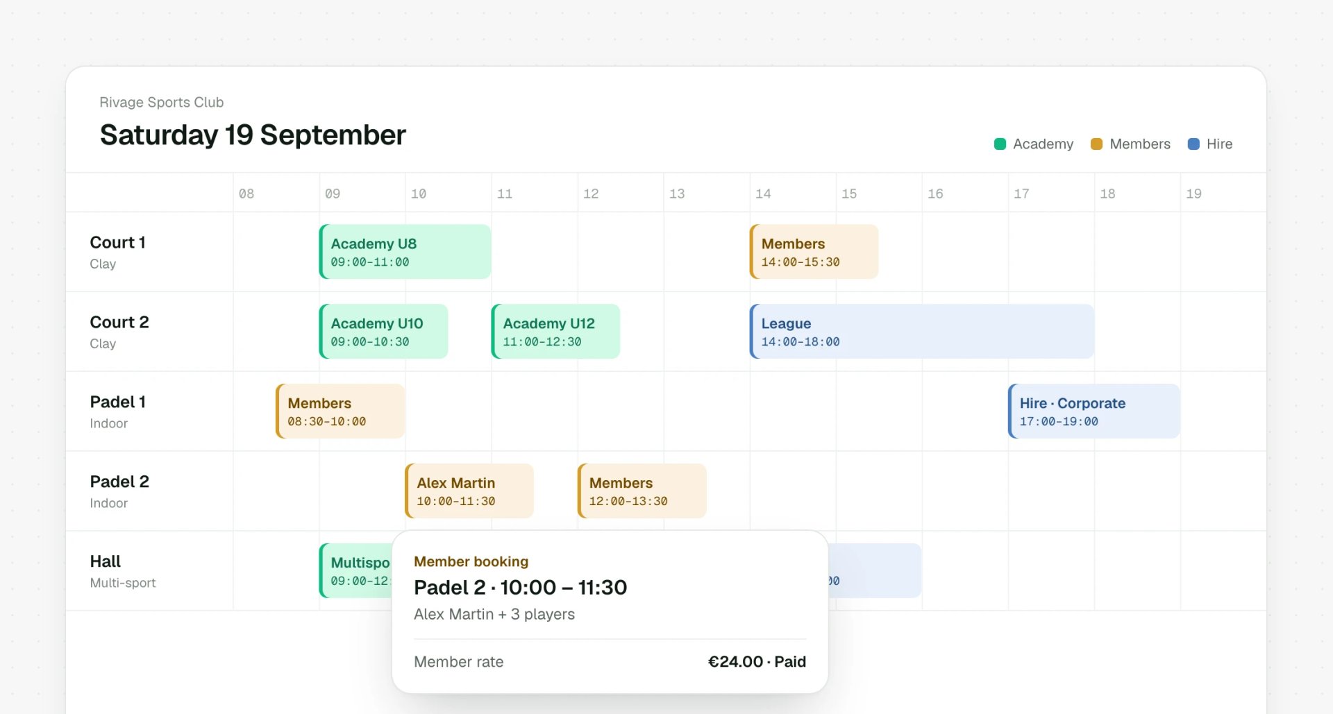 Court booking calendar