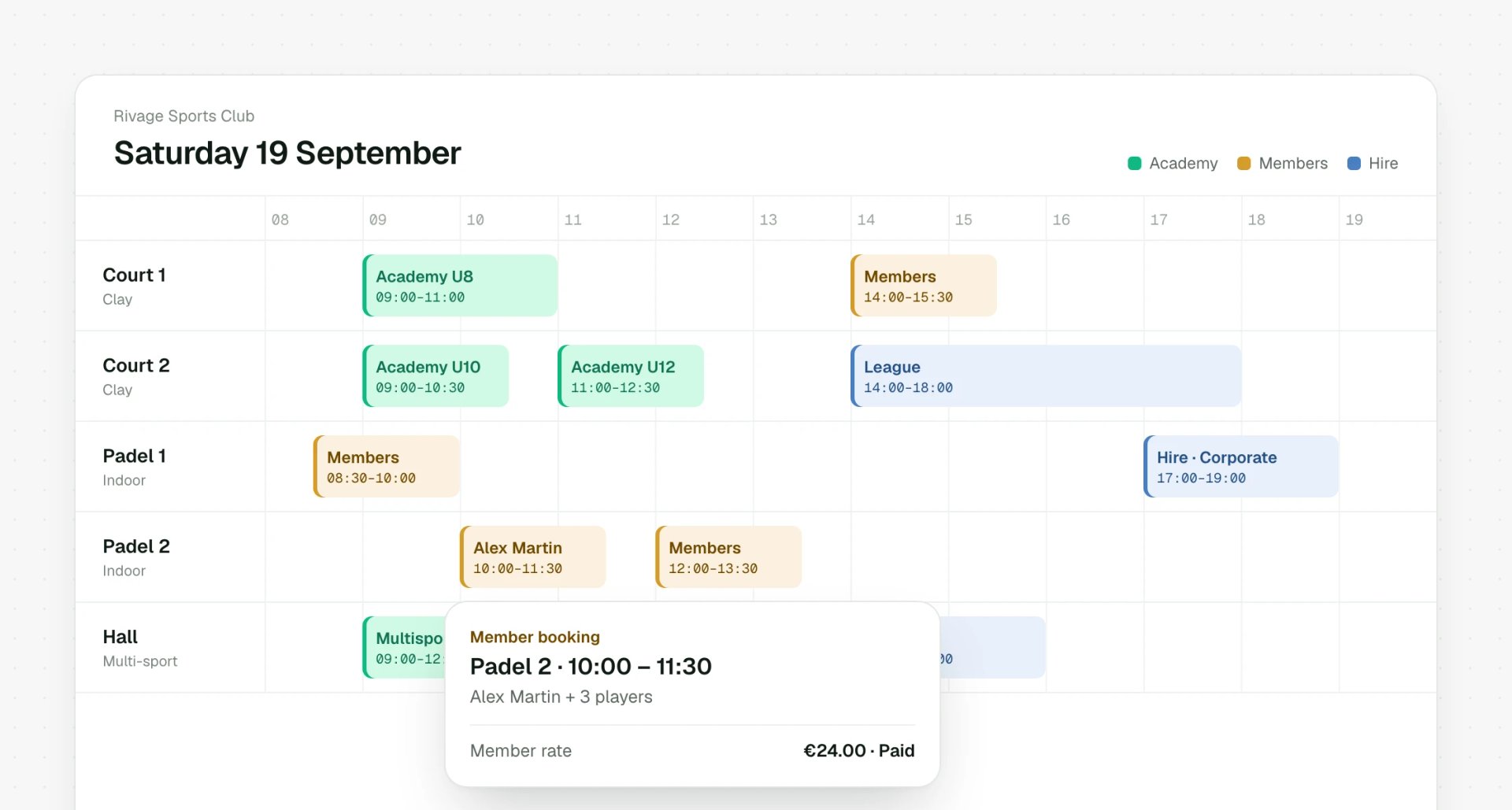 Court booking calendar