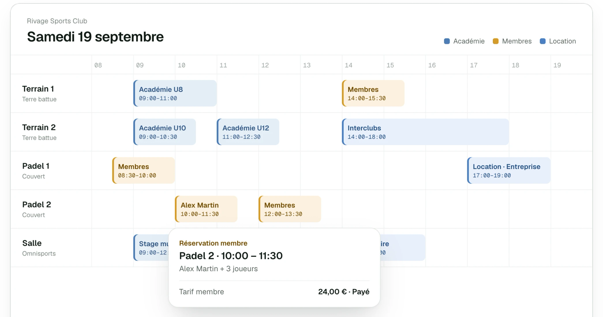 Planning de réservation des terrains