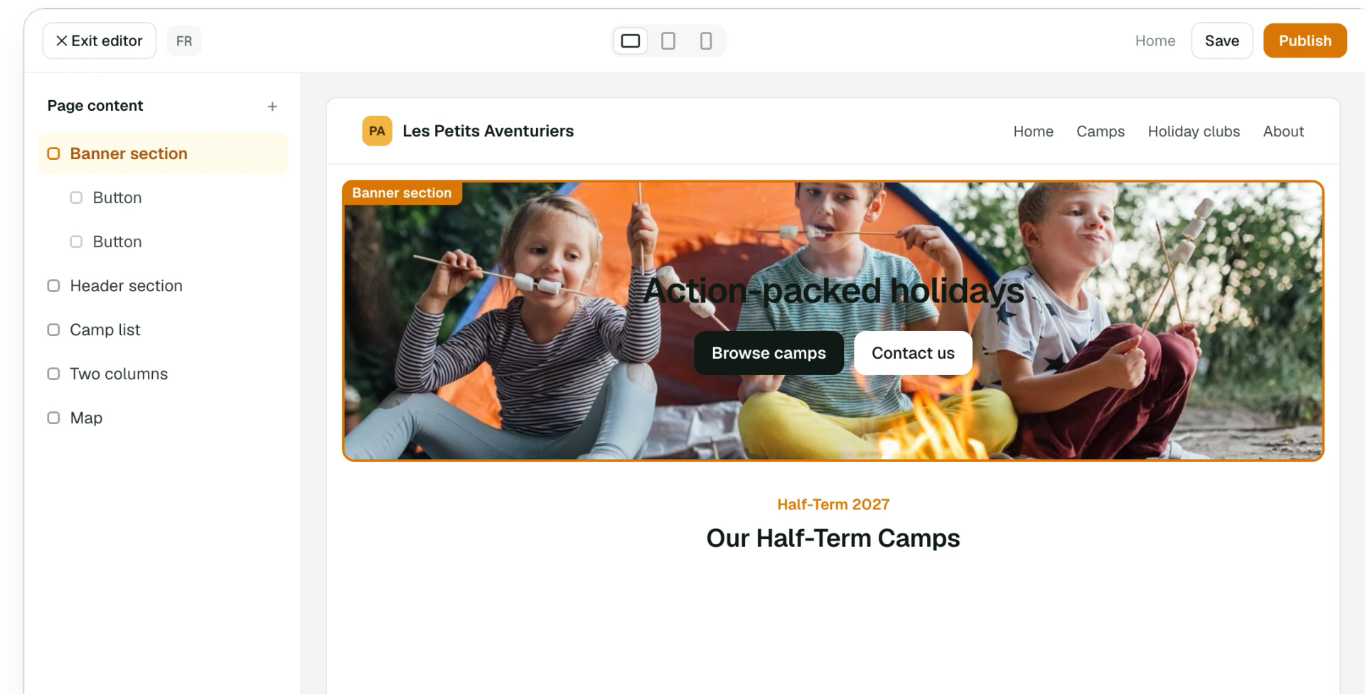 Stageo website editor showing a camps page, its blocks and settings