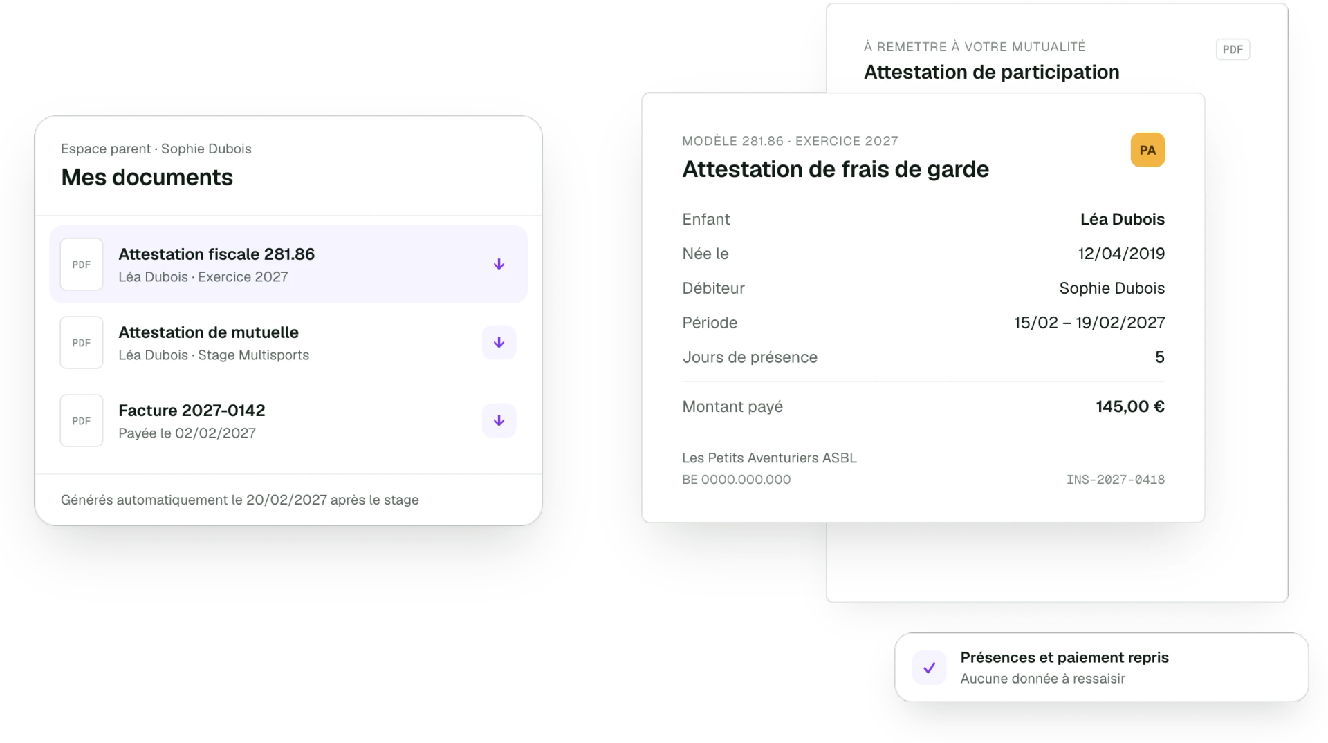 Attestations générées pour les parents