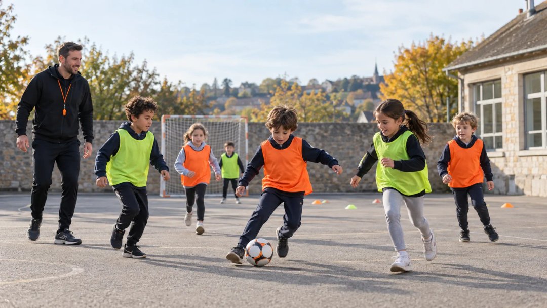 Un animateur joue au football avec des enfants dans la cour de l’école après la classe