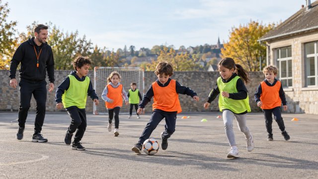 Un animateur joue au football avec des enfants dans la cour de l’école après la classe