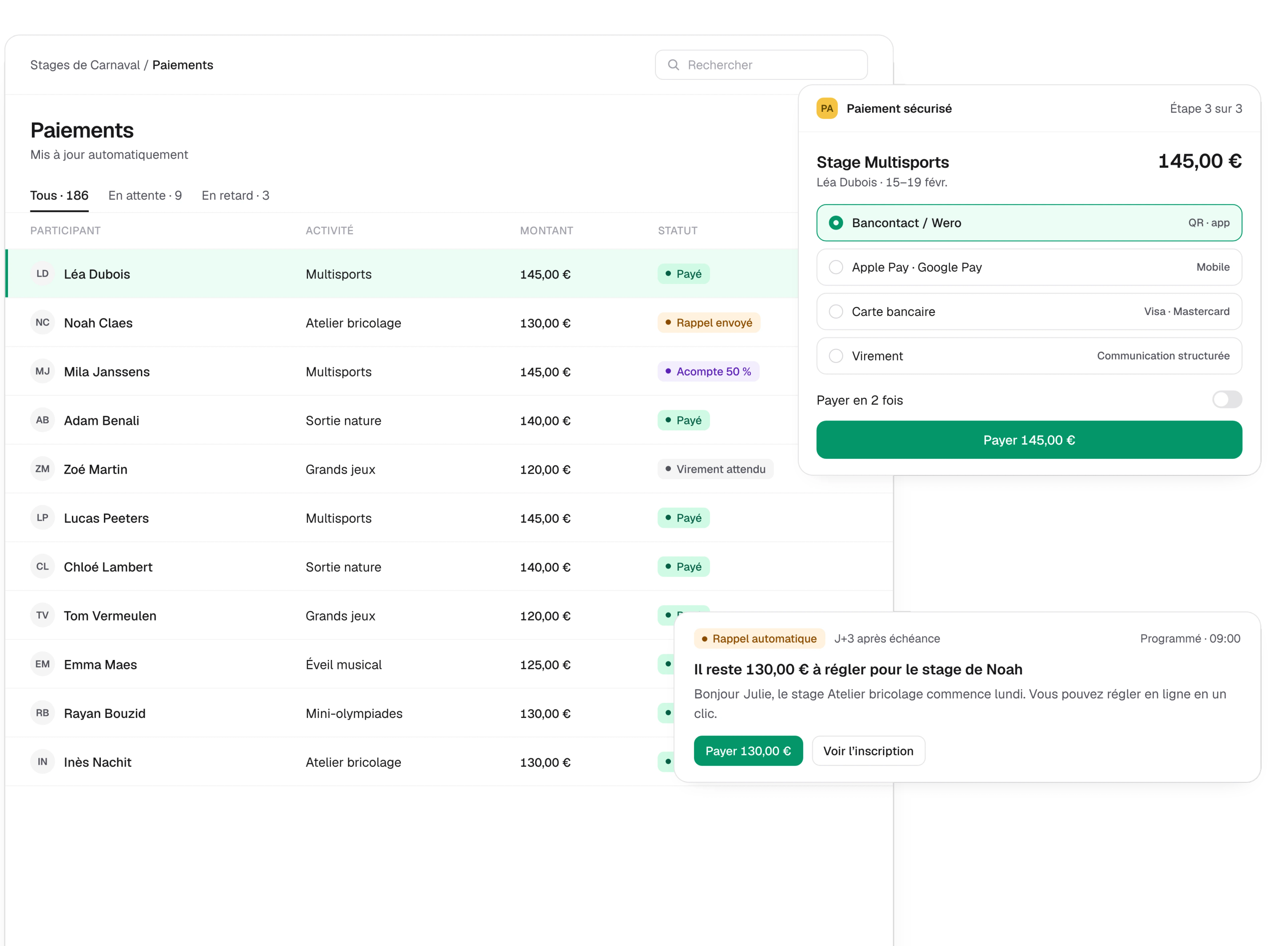 Payment tracking per camp and online payment by Bancontact / Wero, Apple Pay, Google Pay, card or bank transfer, with an automatic reminder