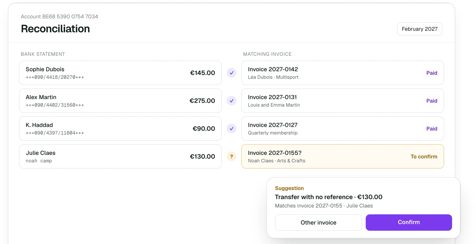 Bank transfers matched to their invoices