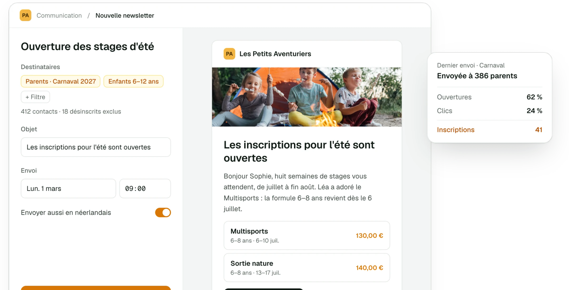 Rédaction d’une newsletter envoyée aux parents d’un stage, avec ses statistiques d’ouverture