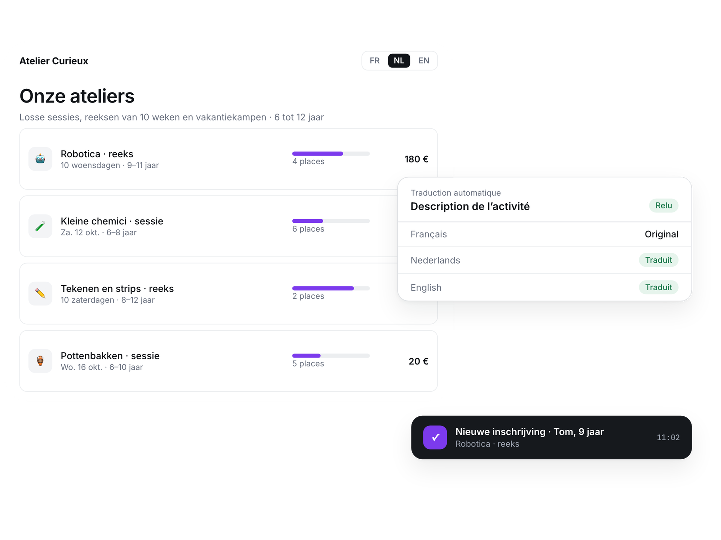 Workshop website automatically translated into Dutch