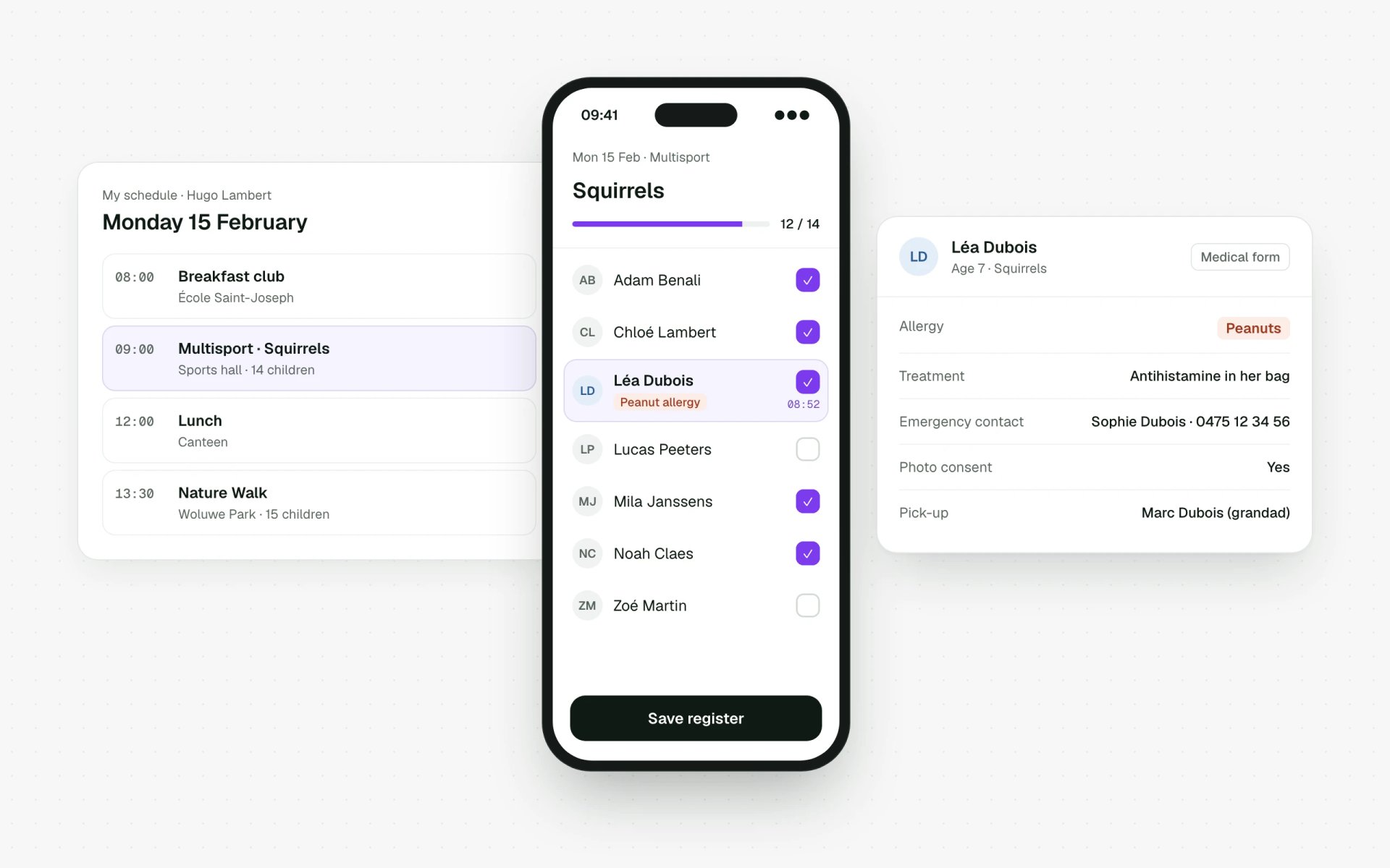 Groups and registers on a coach's phone