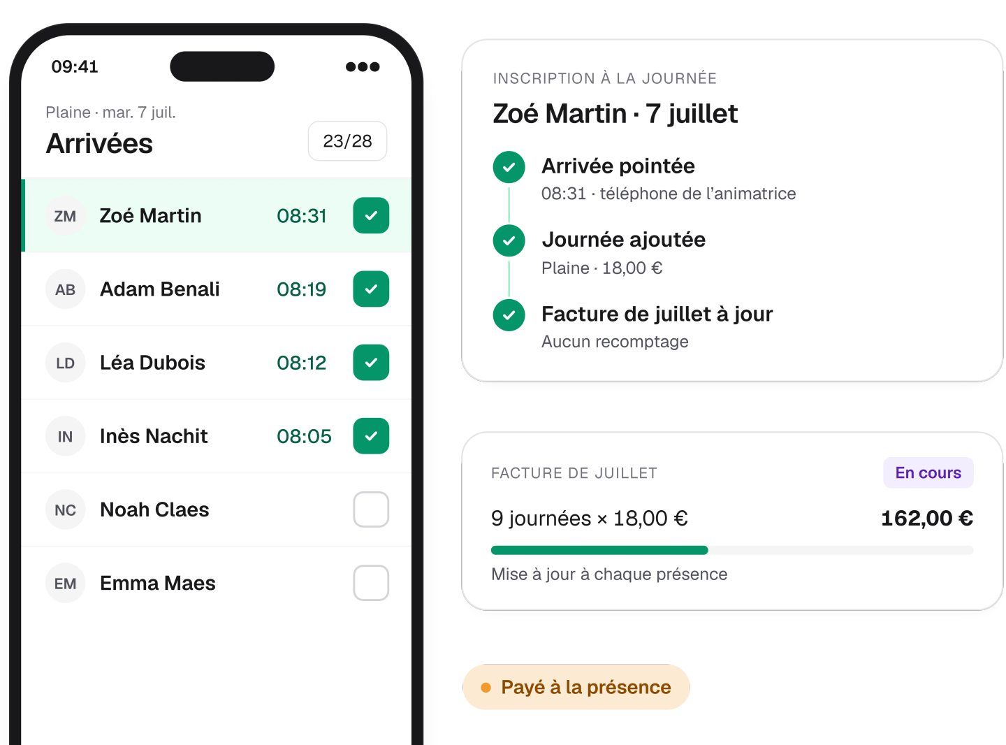 Arrivals checked in on a leader's phone and the monthly invoice updated with each day attended
