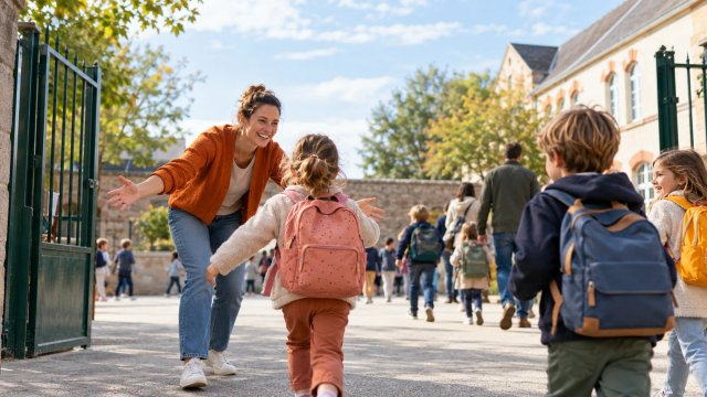 Une accueillante accueille les enfants à la grille de l’école le matin