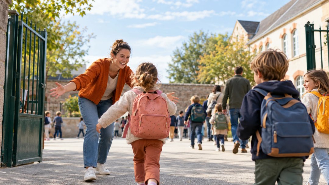 Une accueillante accueille les enfants à la grille de l’école le matin