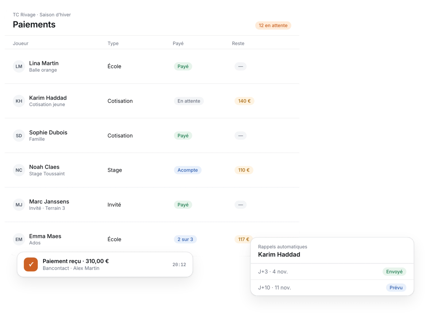 Payment tracking for coaching, memberships and camps