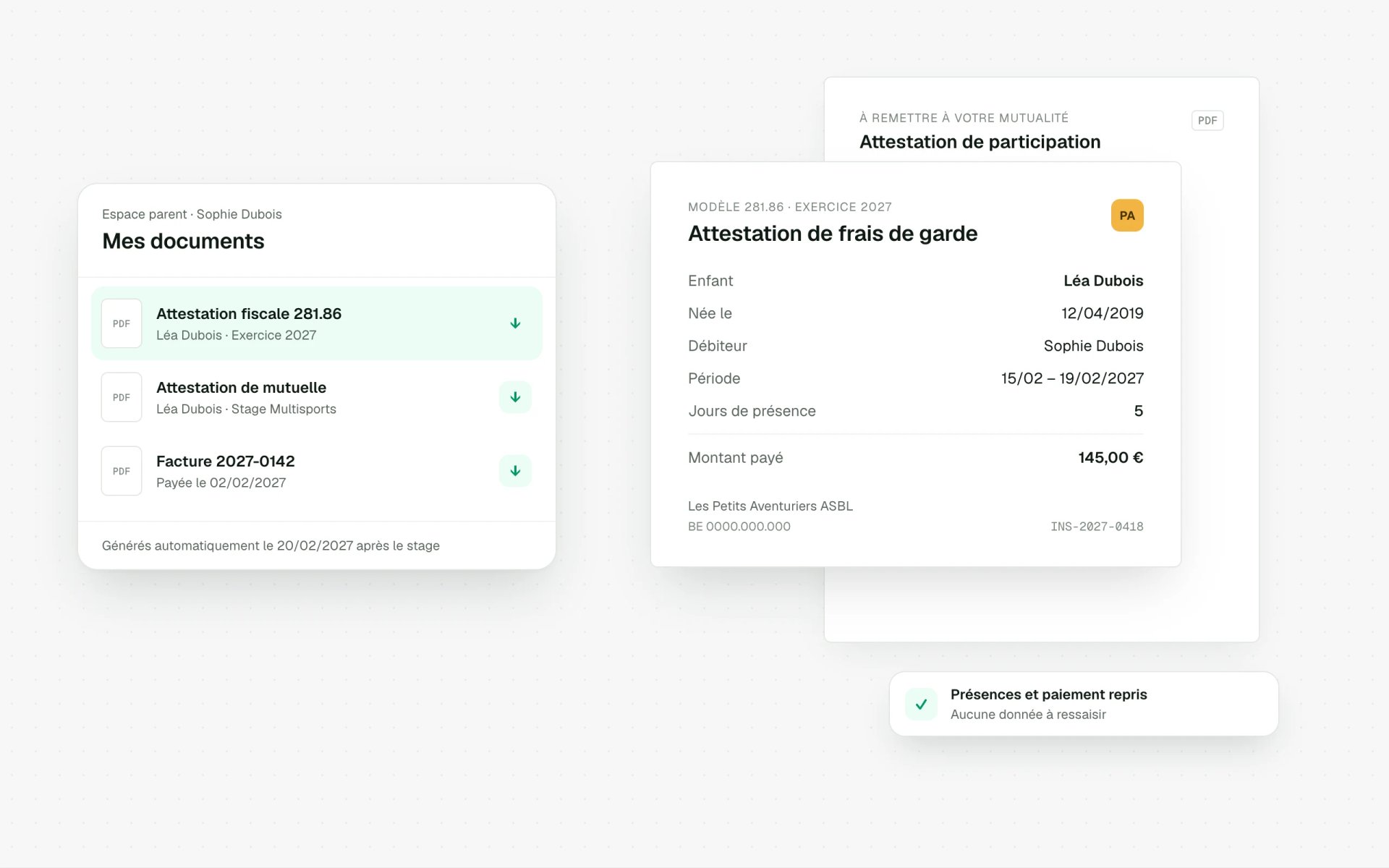 Attestations générées pour les parents