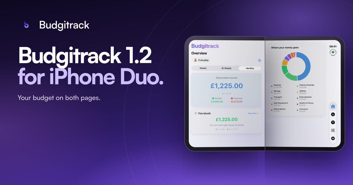 Budgitrack 1.2 for iPhone Duo: the app open on both pages of iPhone Duo.